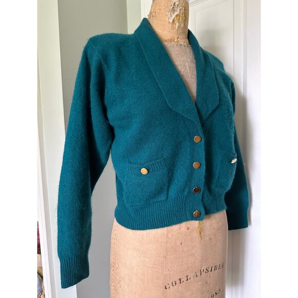 Vintage Lauren Cole Teal Wool angora Cardigan jacket knit blazer gold buttons P - Picture 4 of 15